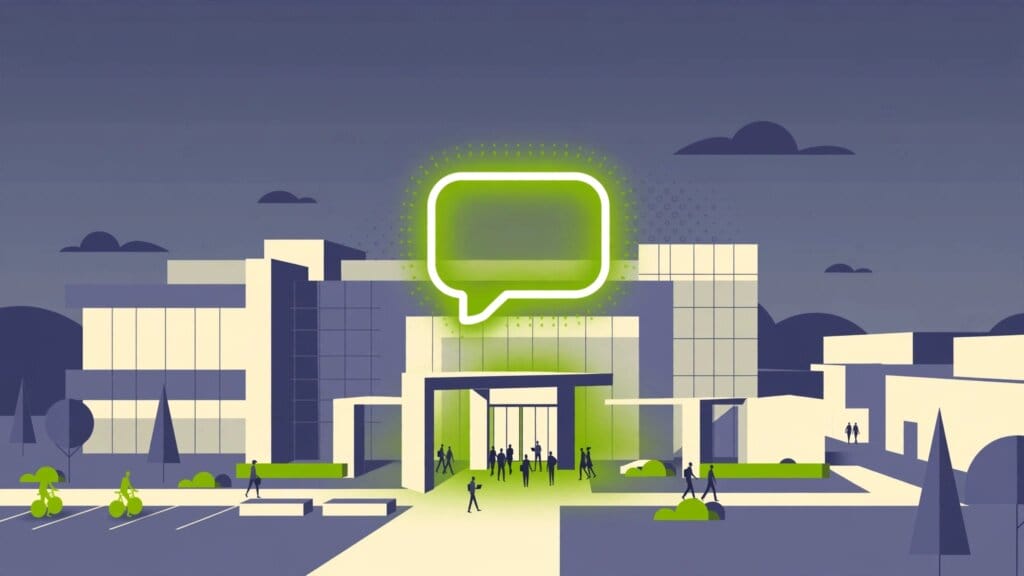 Illustration of OpenAI's headquarters with the ChatGPT chat window glowing at its centre