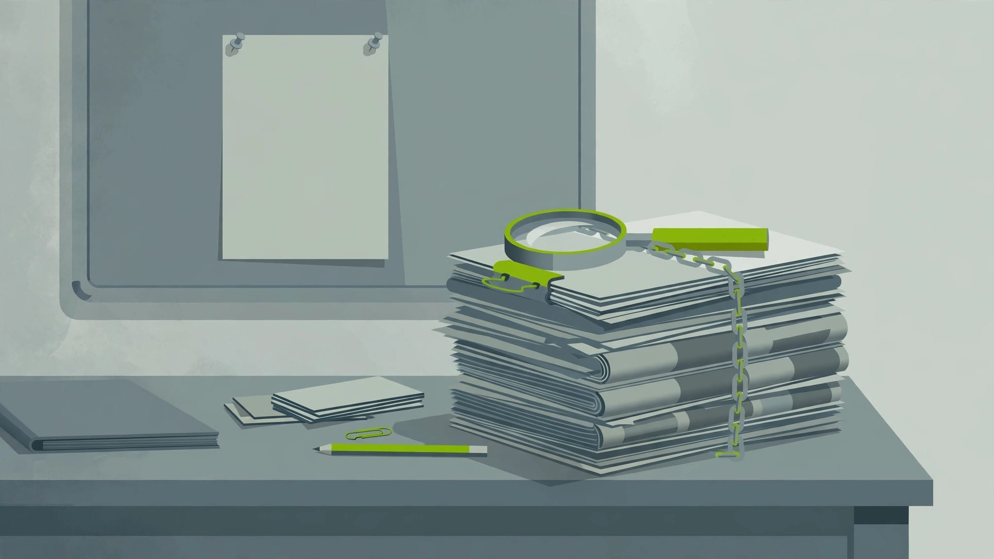 Illustration of a research desk with stacked source cards and a magnifying glass, representing how Perplexity builds cited answers