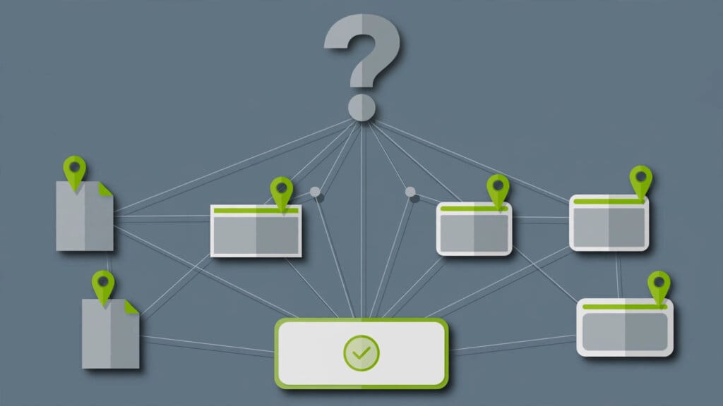 Illustration of a question mark above a web of source documents converging into one answer card, representing Perplexity the answer engine