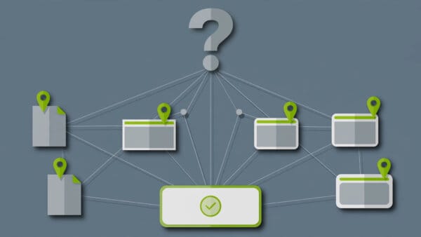 Illustration of a question mark above a web of source documents converging into one answer card, representing Perplexity the answer engine