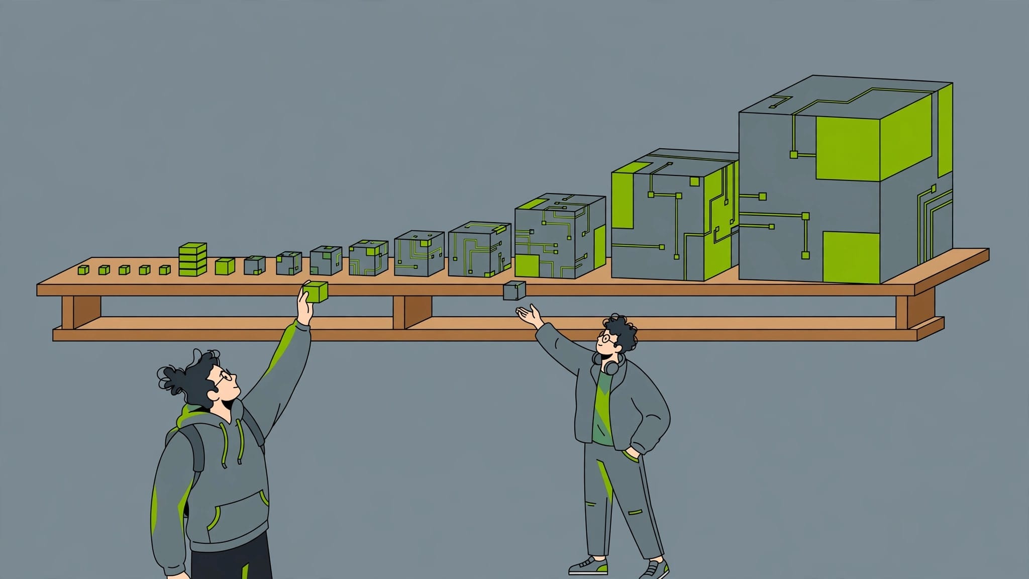 Qwen model sizes illustrated as cubes of many sizes on a shelf, with developers choosing smaller ones