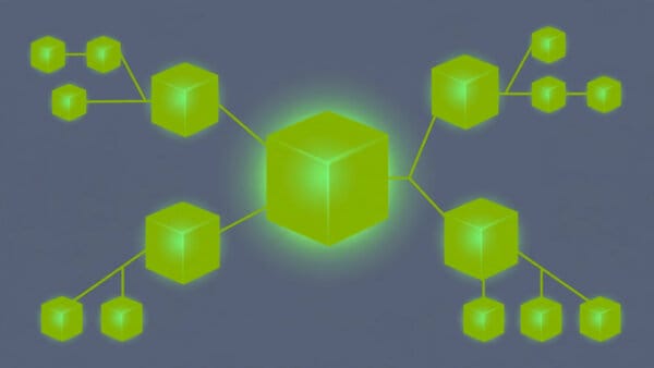 Qwen open model family illustrated as glowing cubes branching from one large central cube
