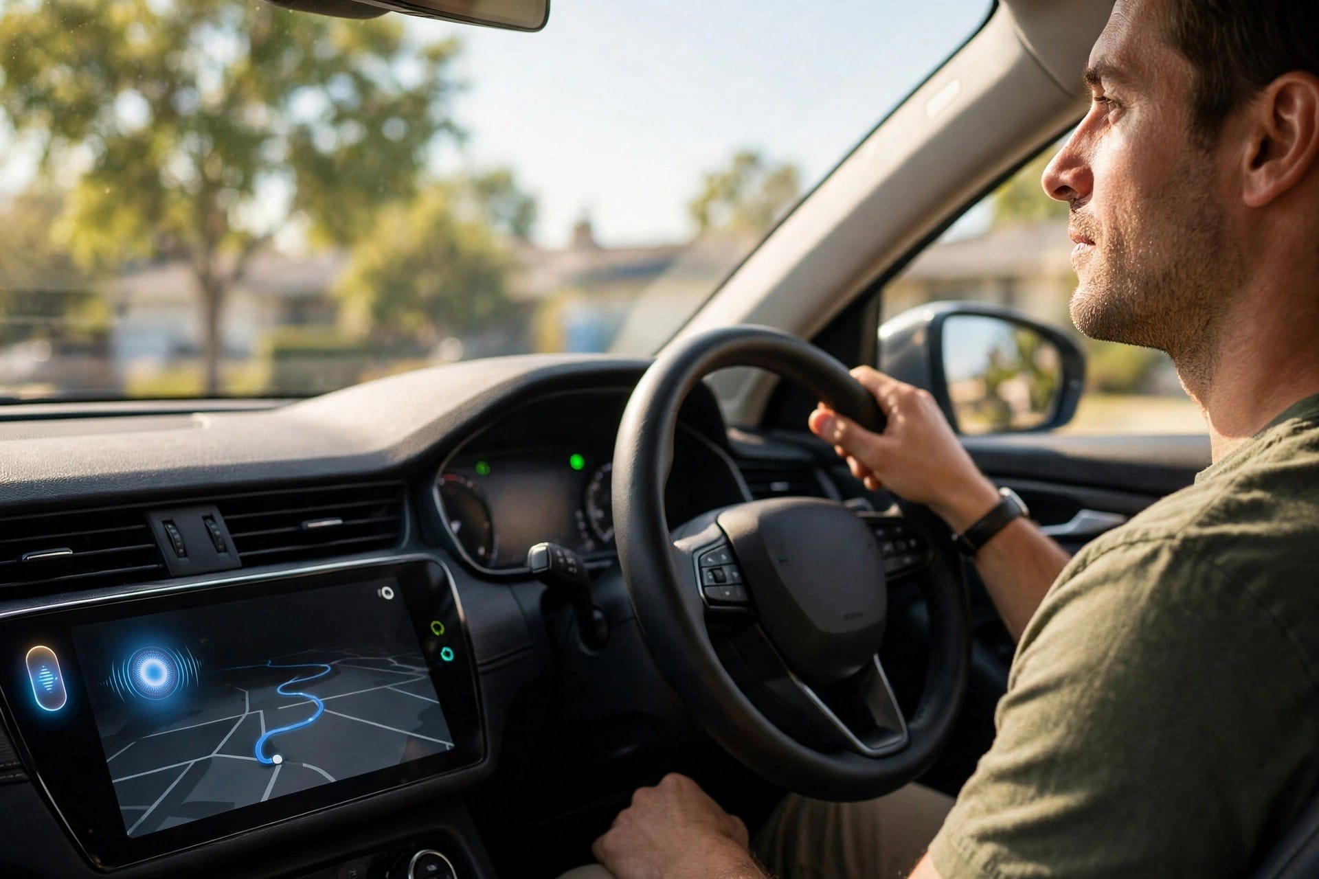Man driving with a smart assistant guiding the route on the dashboard screen