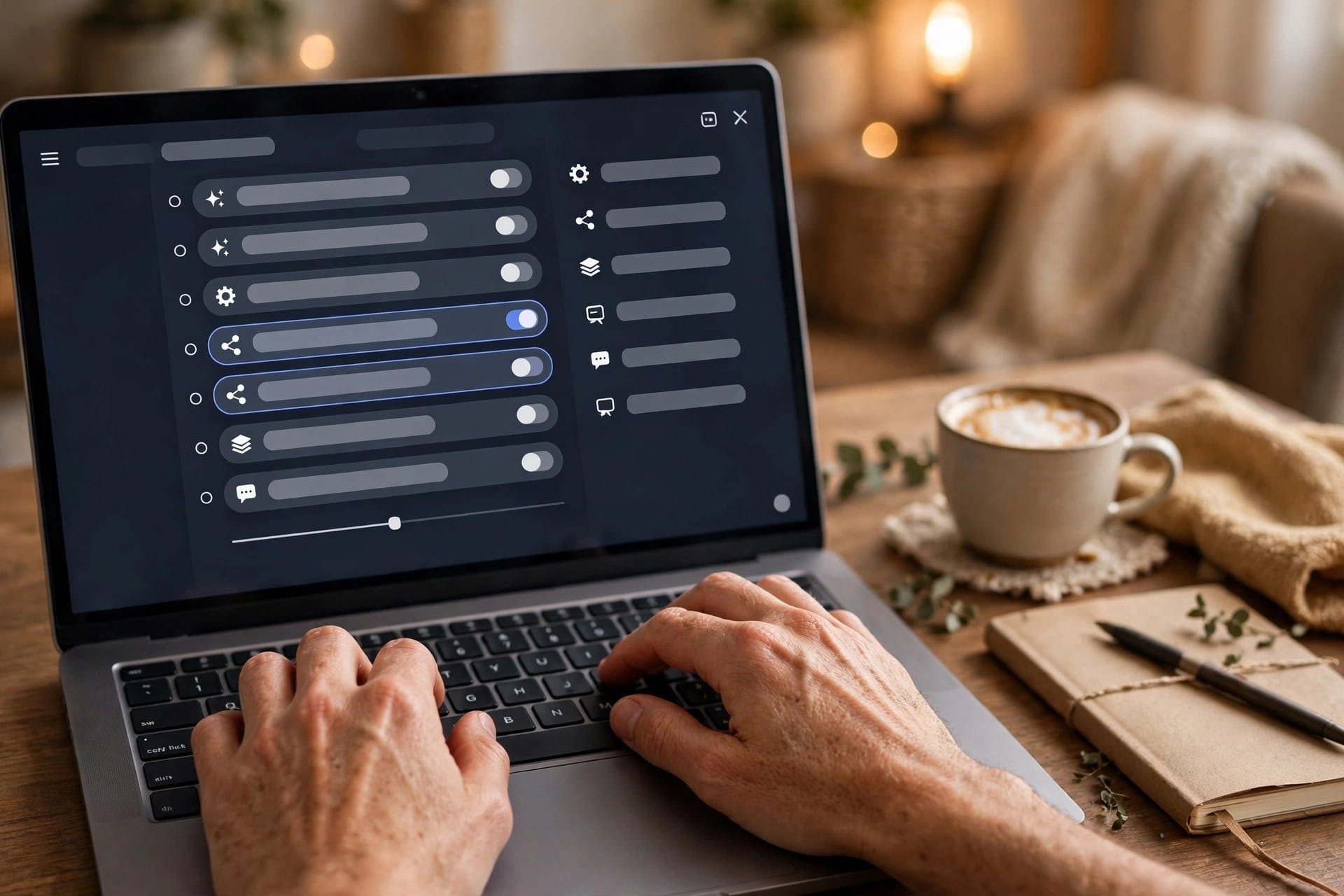 Hands typing on a laptop with an AI model picker open, notebook and coffee beside it