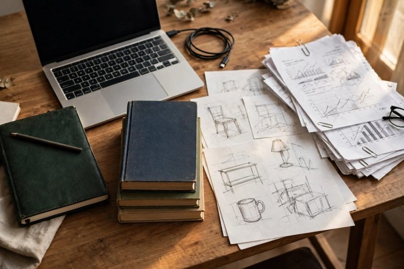 Desk with a writer's notebook, books, design sketches and research papers for five different jobs