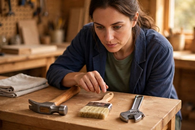 Woman choosing between a hammer, a paintbrush and a wrench on a workbench