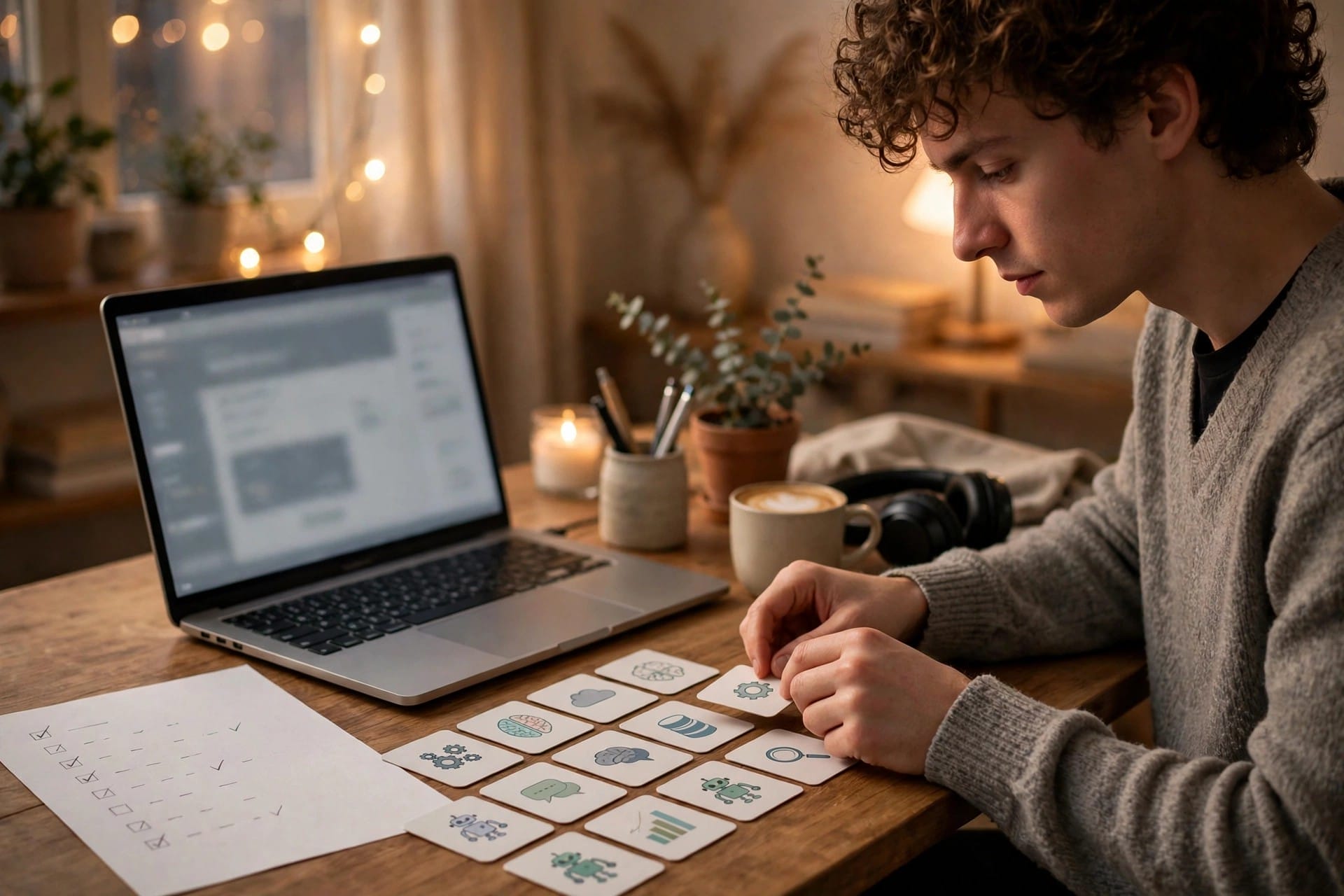 Man matching task cards on a desk beside a laptop