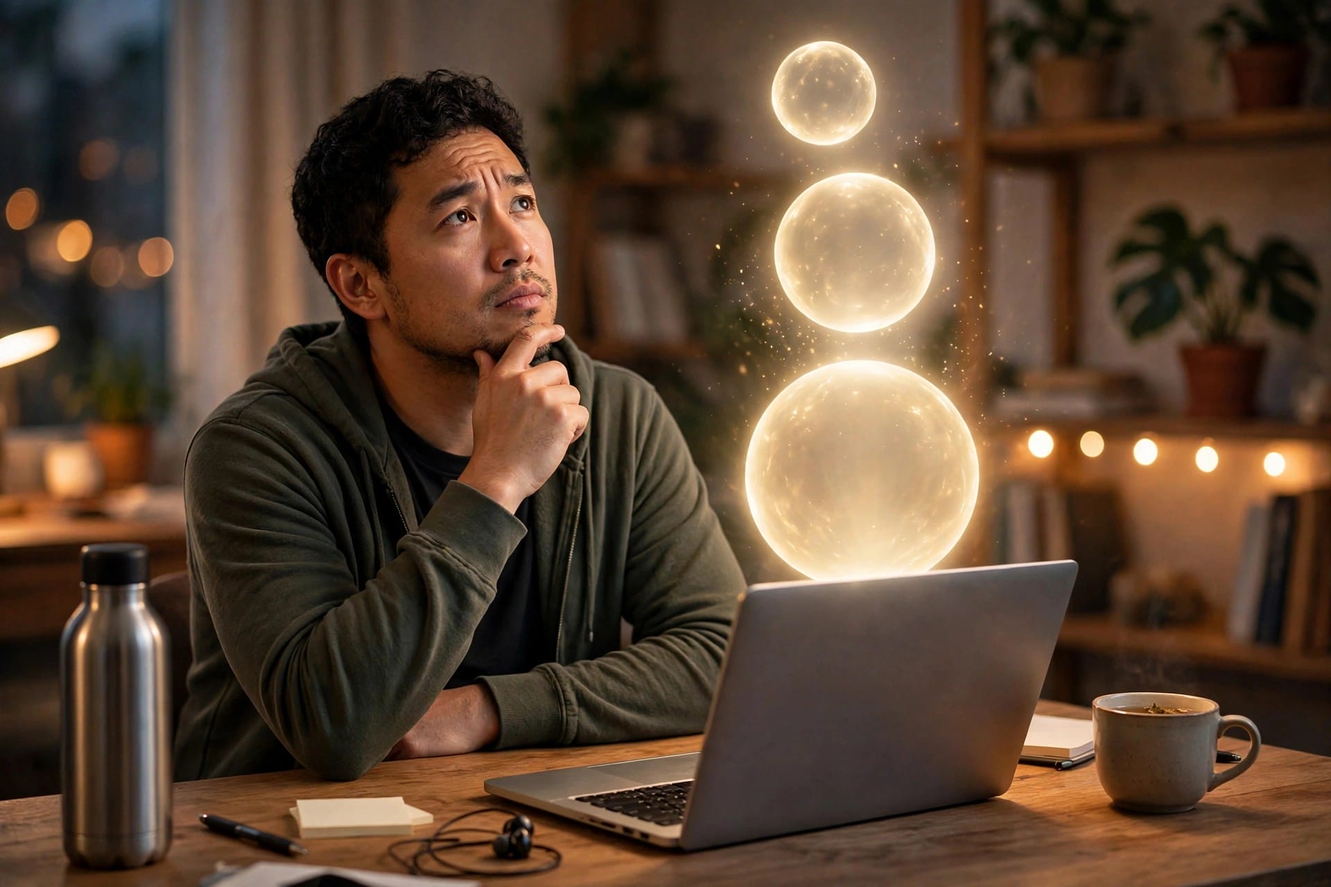 Man thinking deeply at a desk with three glowing ideas of increasing size above a laptop