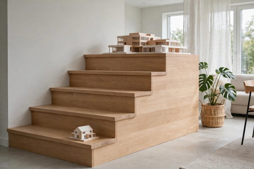 Wooden staircase with a small model house at the bottom and a larger model at the top