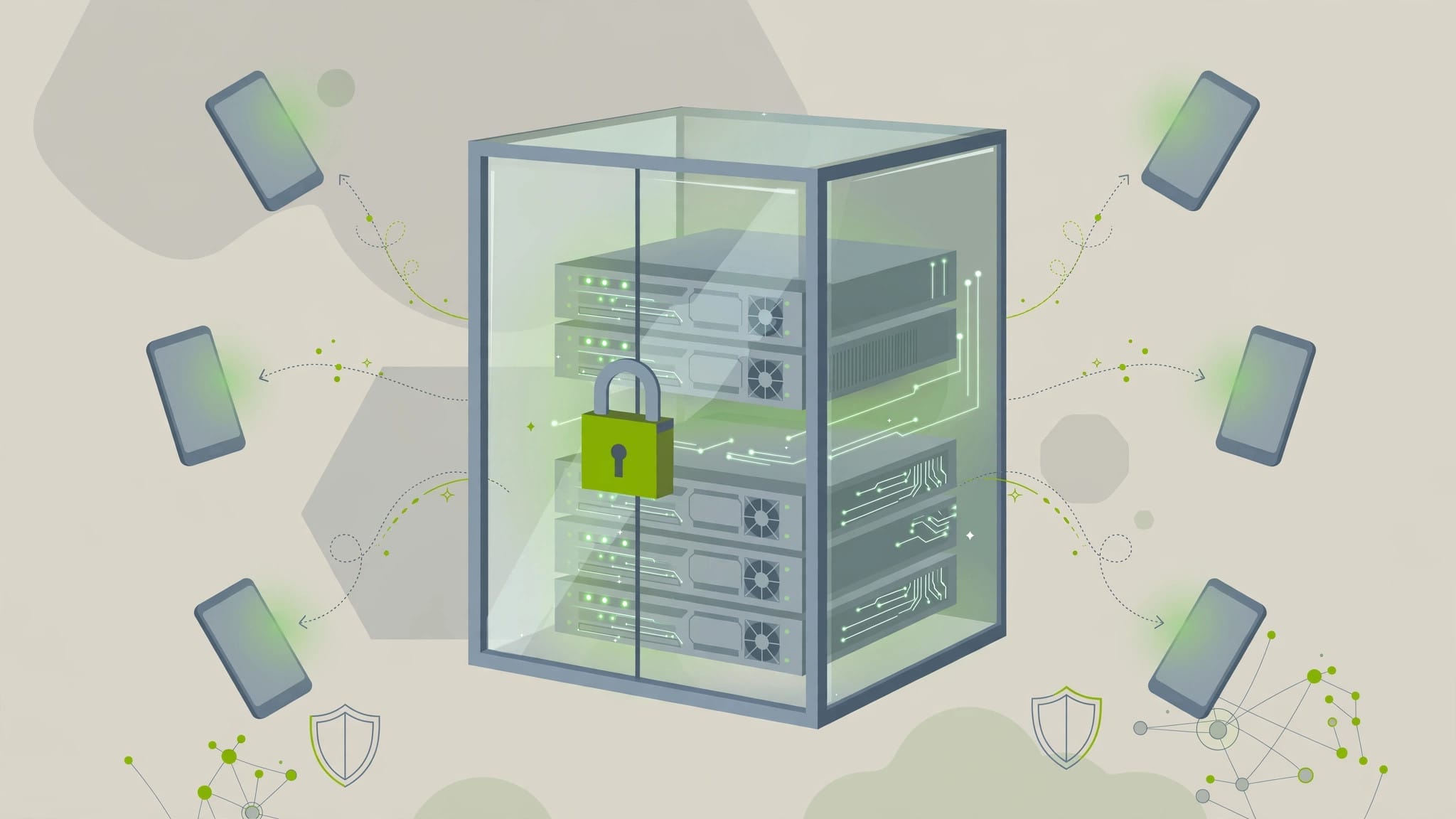 Illustration of Apple's Private Cloud Compute servers handling AI requests securely