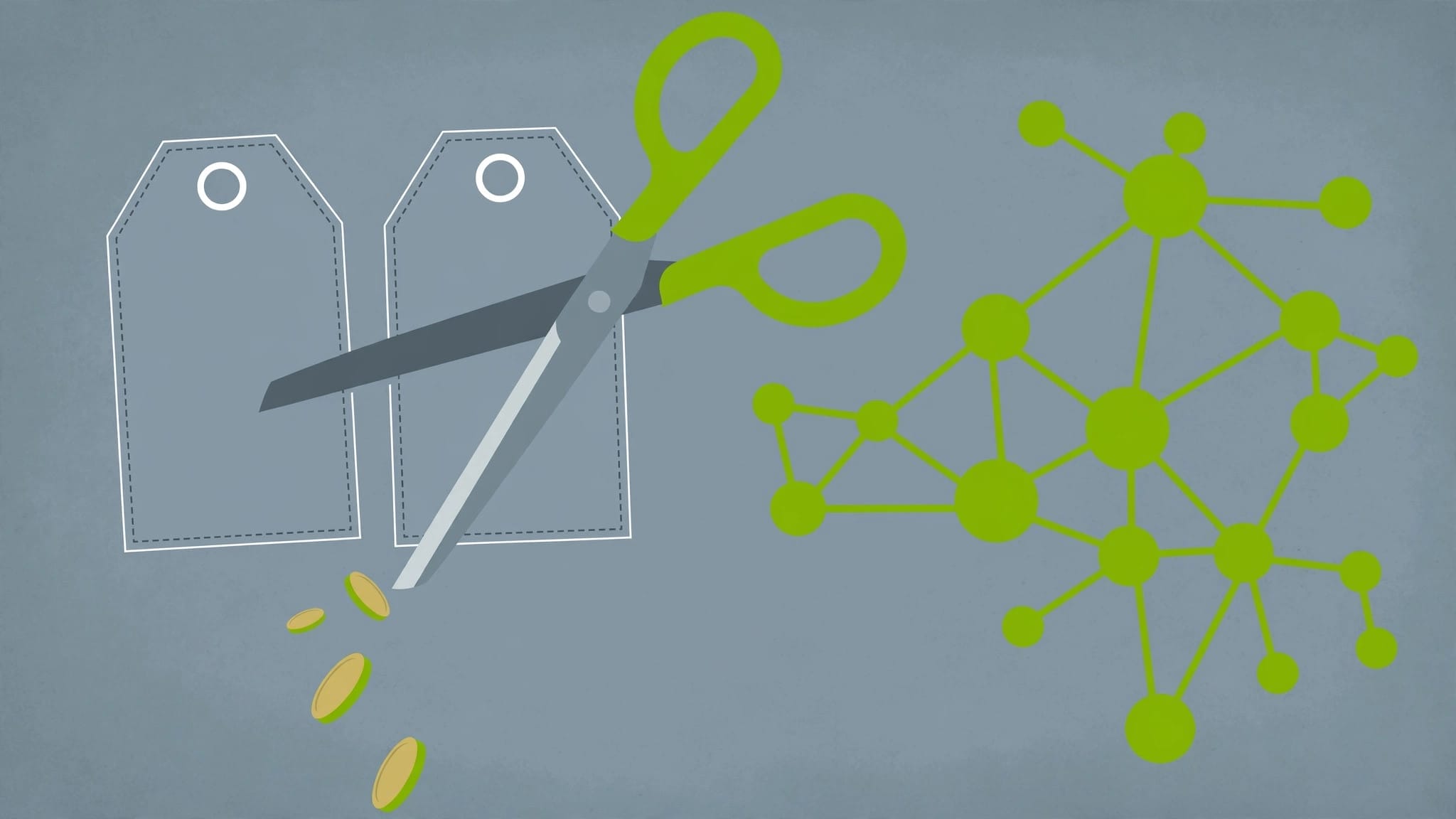 DeepSeek low-cost AI illustrated as a price tag cut by scissors beside a neural network