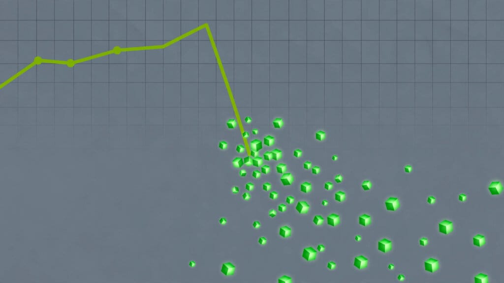 DeepSeek market shock illustrated as a plunging chart line with free model cubes scattering from the break