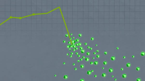 DeepSeek market shock illustrated as a plunging chart line with free model cubes scattering from the break