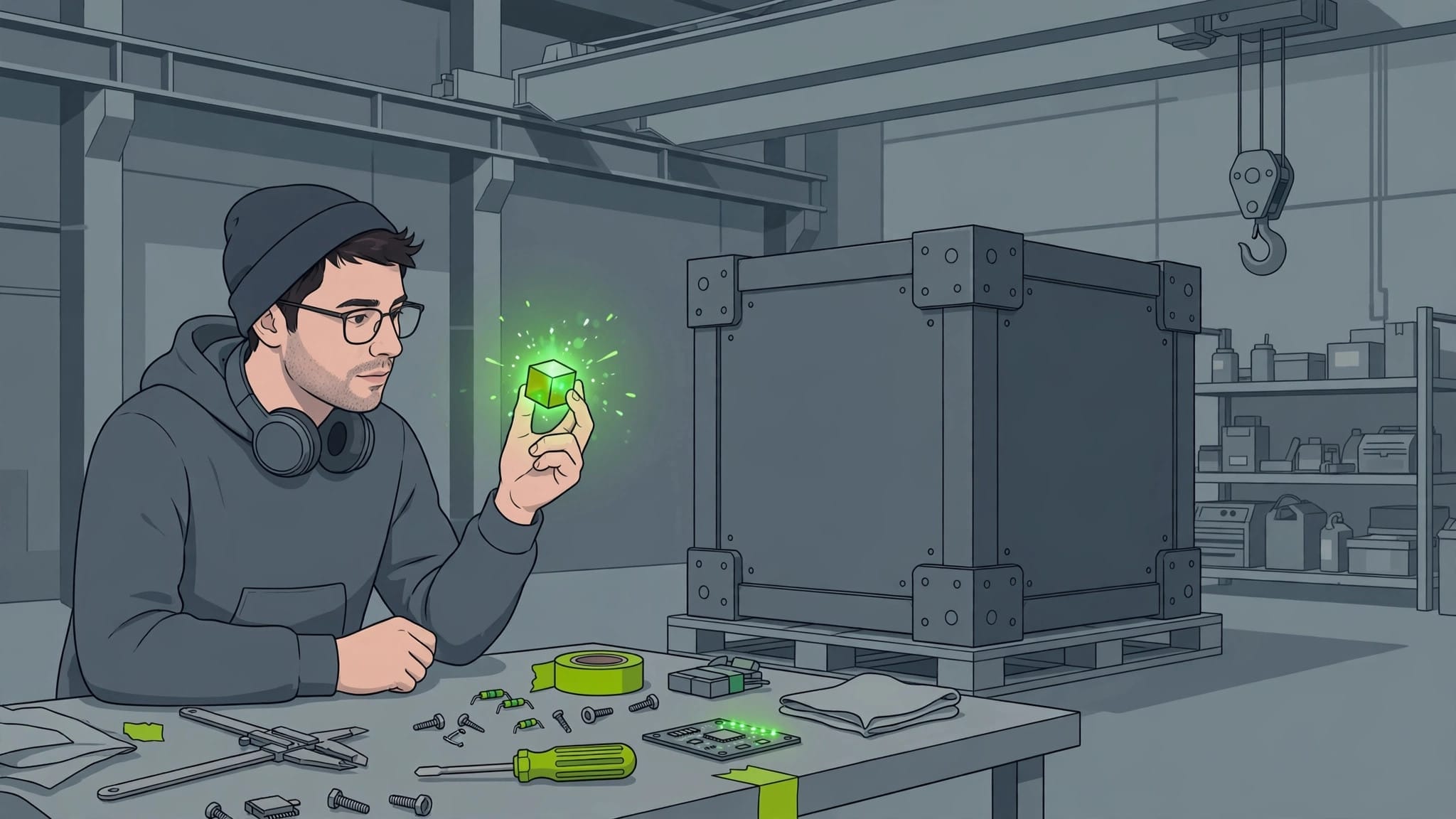 Qwen efficiency illustrated as a developer choosing a small glowing cube over a giant unused one