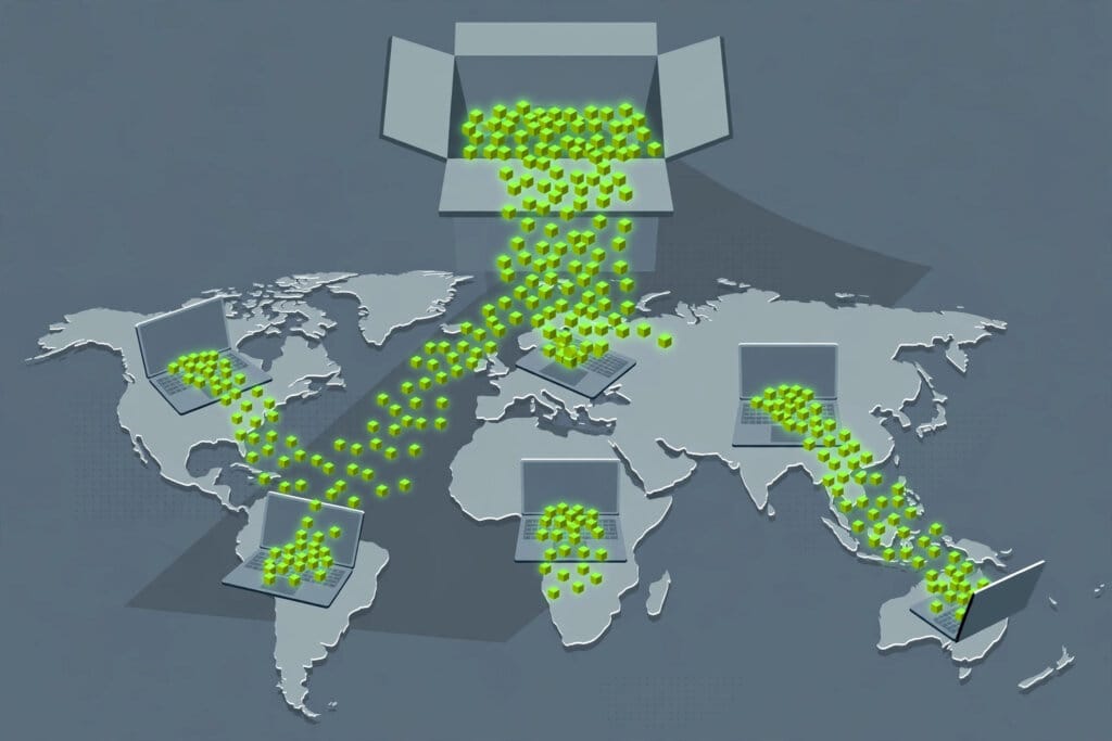 Qwen downloads illustrated as a waterfall of glowing cubes pouring into laptops worldwide