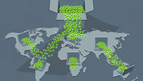 Qwen downloads illustrated as a waterfall of glowing cubes pouring into laptops worldwide