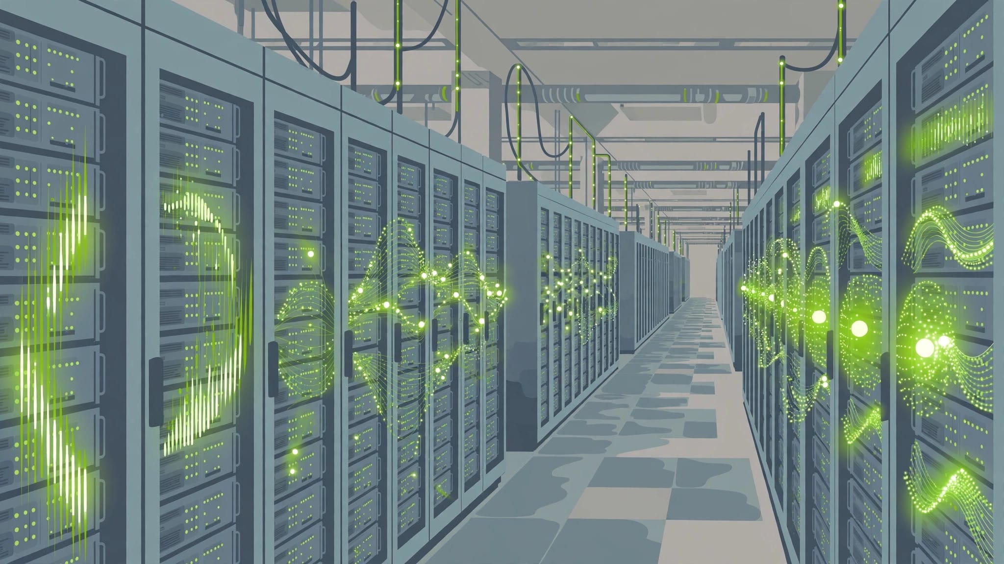 Illustration of rows of NVIDIA-powered servers training AI models in a data centre