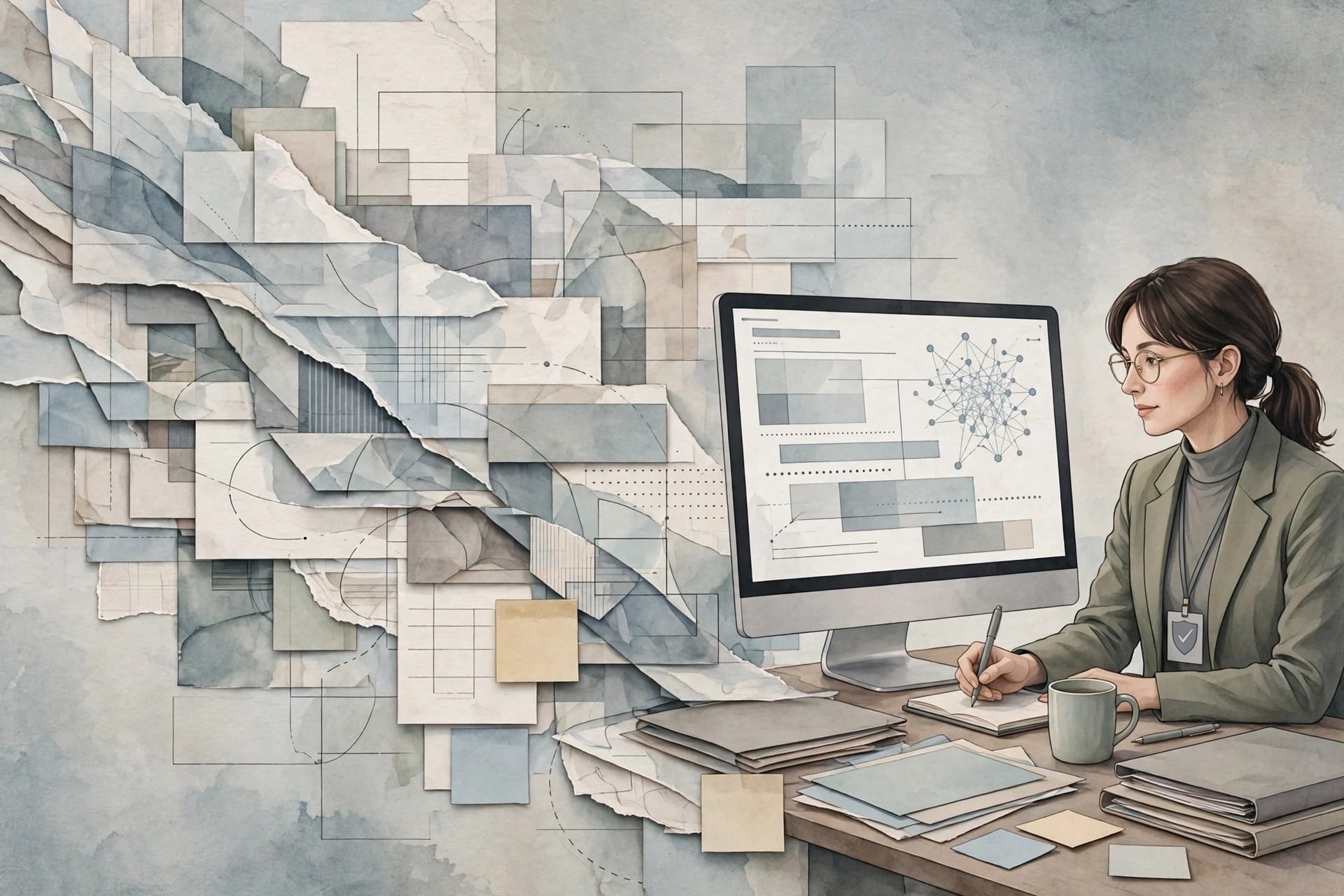 Compliance officer checking AI-generated copy on a monitor