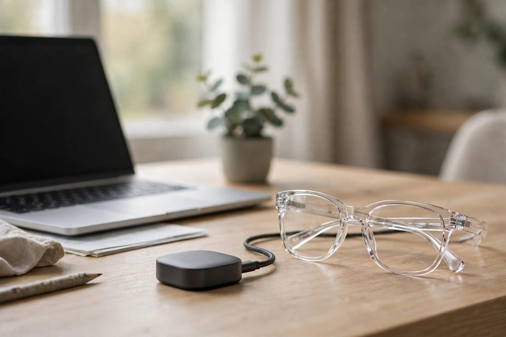 Transparent smart glasses beside a small compute puck connected by a cable on a desk
