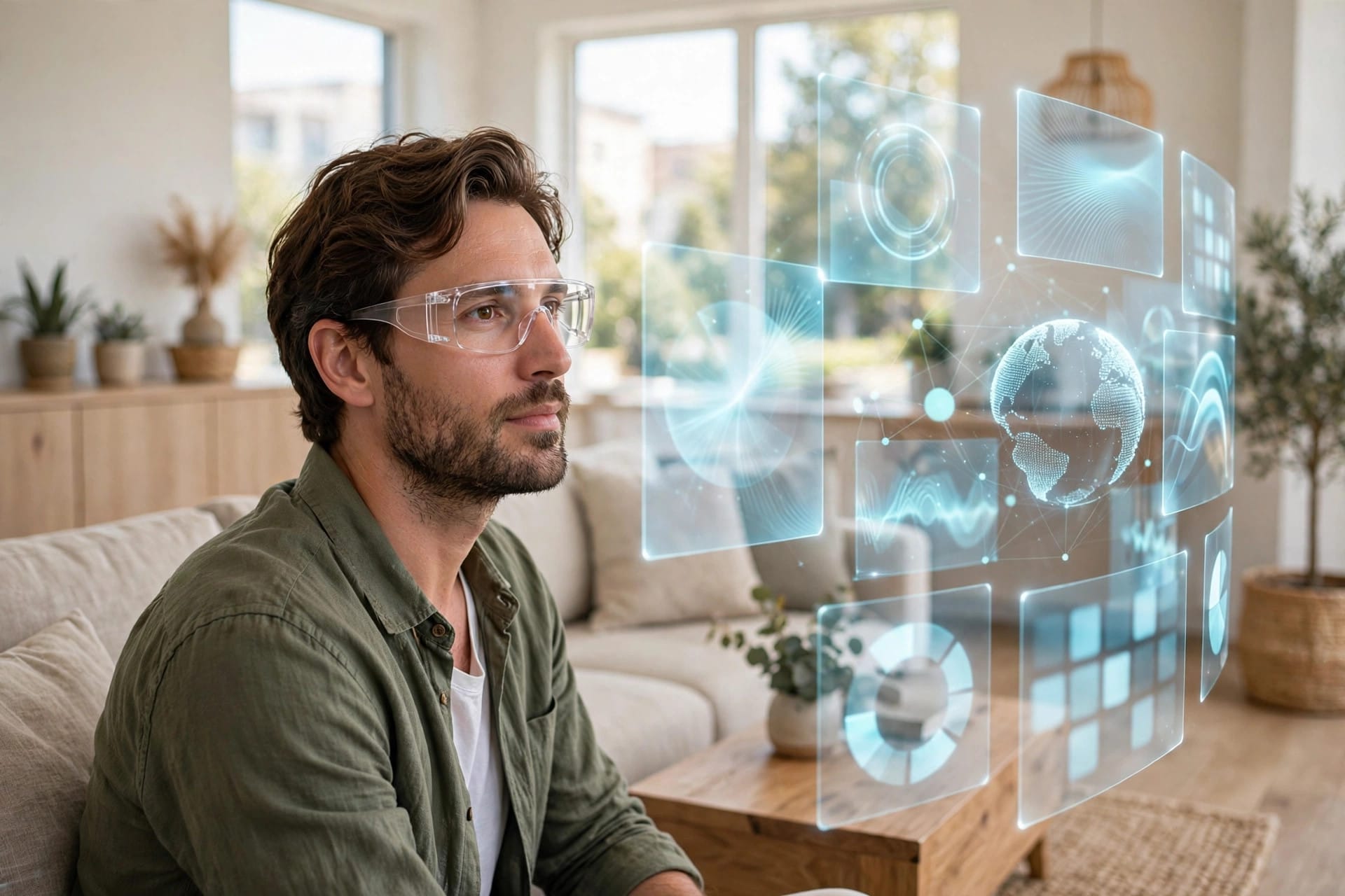Person wearing transparent smart glasses viewing floating virtual screens in a bright living room