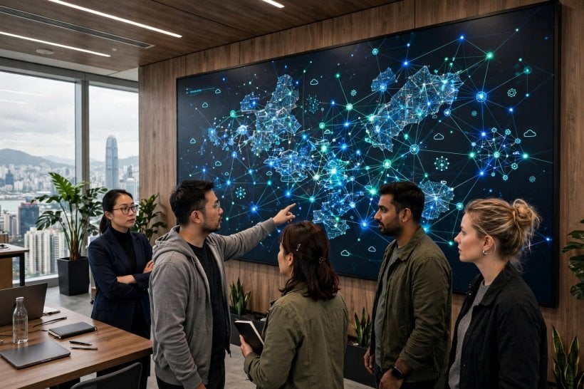 Engineers reviewing a network map of connected enterprise data and small AI models on a large wall display