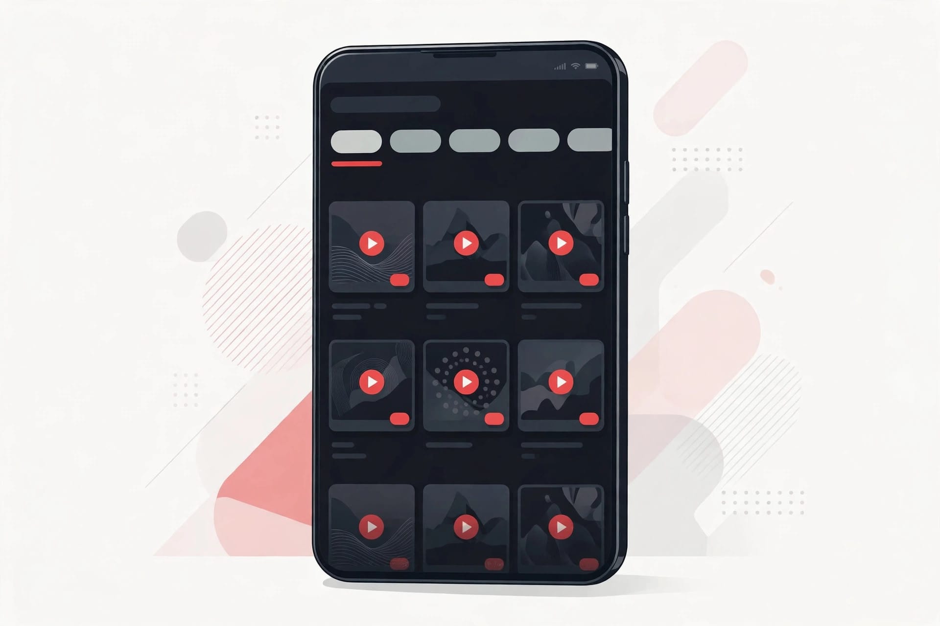 A smartphone showing YouTube's redesigned homepage with Custom Feeds tabs and video thumbnails