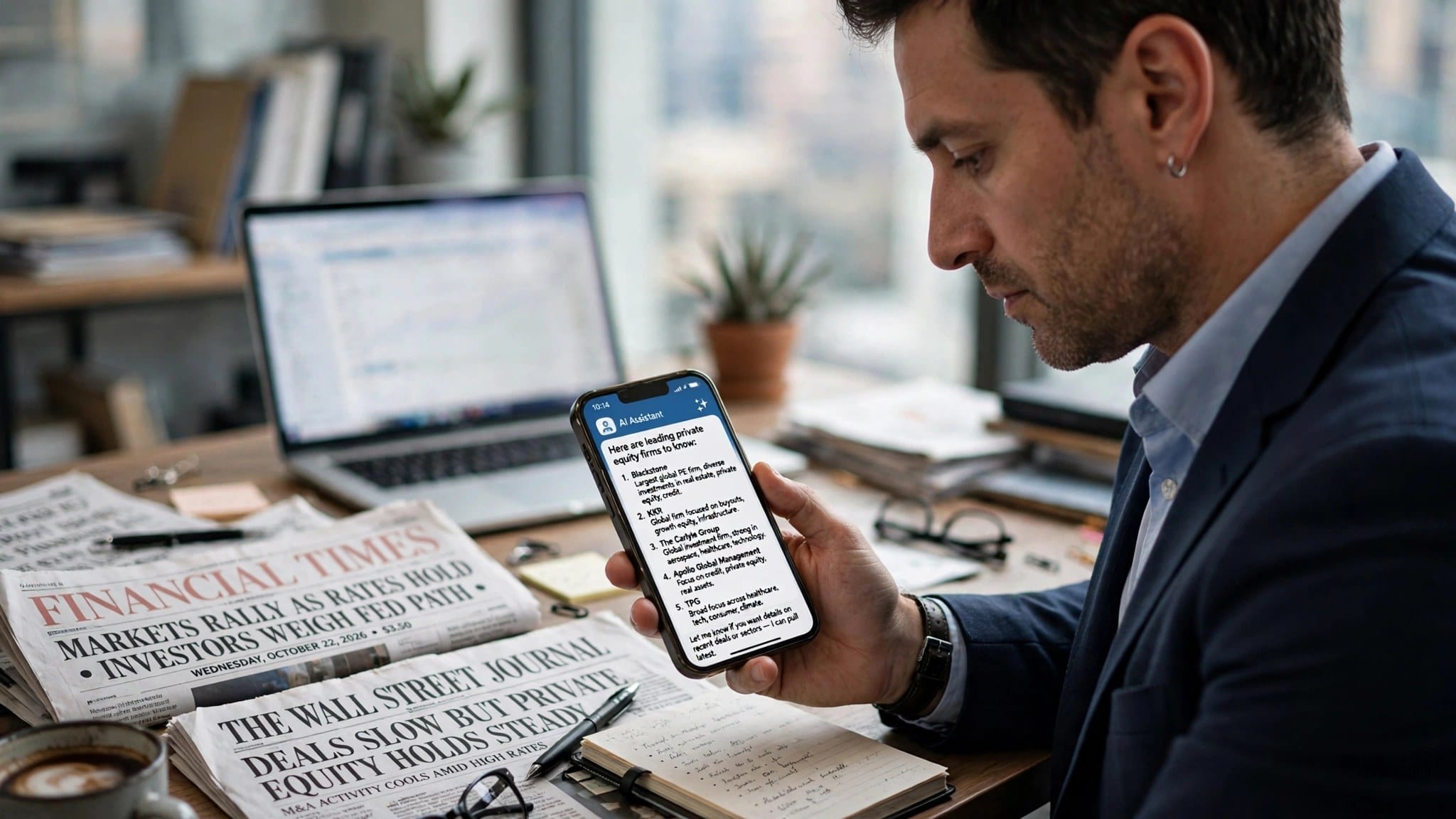 Business owner reading AI assistant answers listing private equity firms on a smartphone
